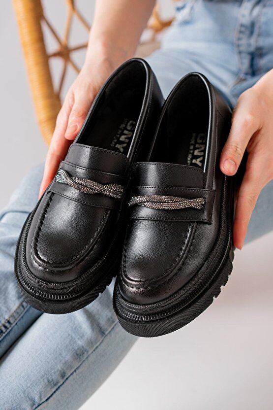 Kadın Taşlı Kalın Taban Loafer Makosen Ayakkabı