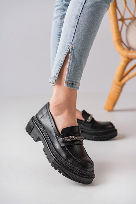Kadın Taşlı Kalın Taban Loafer Makosen Ayakkabı