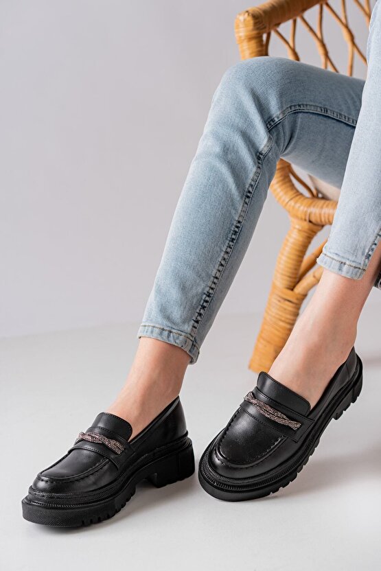 Kadın Taşlı Kalın Taban Loafer Makosen Ayakkabı