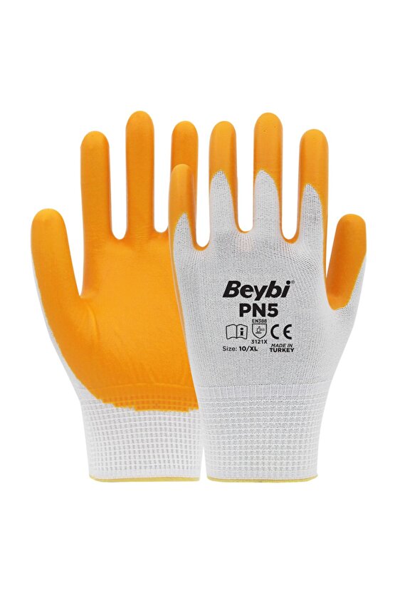 Nitril Pmk Pn5 Beyaz Sarı Örme Polyoster Nitril 10 Beden 12li Paket En388 (3121X)