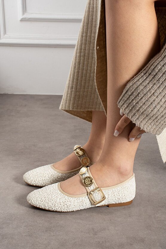 Kilim Desen Bej Babet Aksesuar Detaylı (TOPUK 1,5 CM)balerina