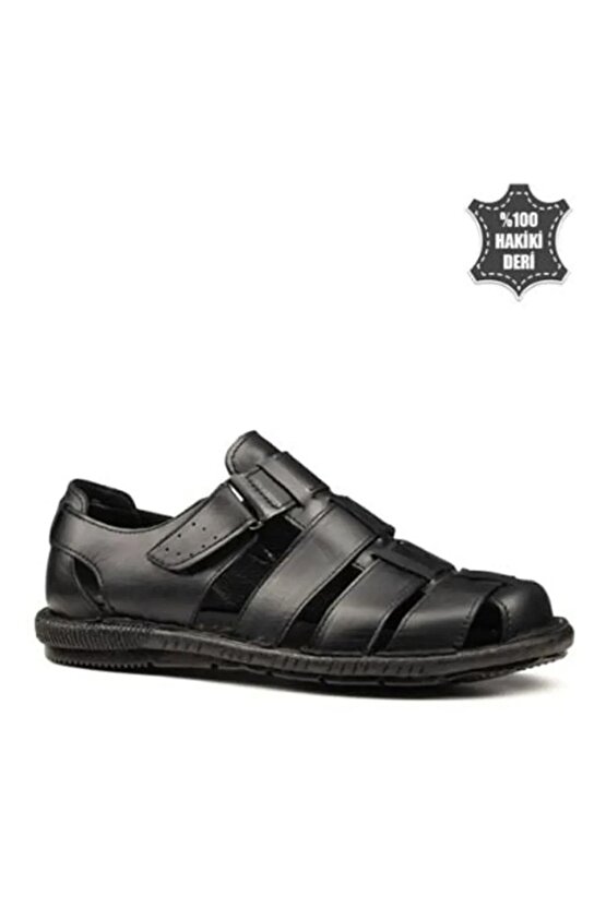 Erkek Siyah Ortopedik Deri Sandalet