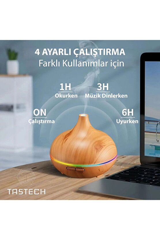 Aroma Terapi Oda Hava Nemlendirici 550ml Ultrasonik Buhar Makinesi Ahşap Görünüm 7 Renk Led Işıklı