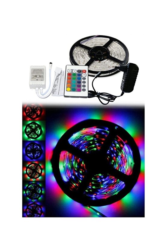 5 Metre Rgb Şerit Led Uzaktan Kumandalı Silikonlu Iç Ve Dış Mekan Adaptörlü