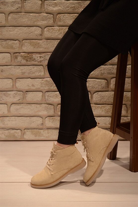Kadın Krem Süet Bağlı Haşpapi Düz Taban Bot&bootie
