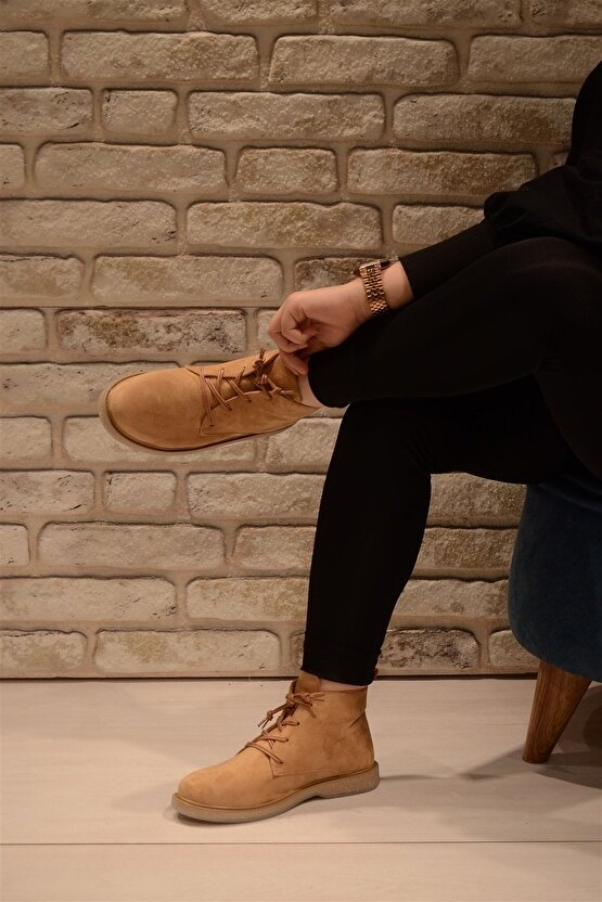 Kadın Camel Süet Bağlı Haşpapi Düz Taban Bot&bootie