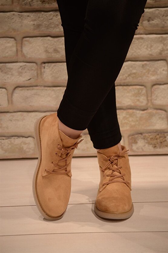 Kadın Camel Süet Bağlı Haşpapi Düz Taban Bot&bootie