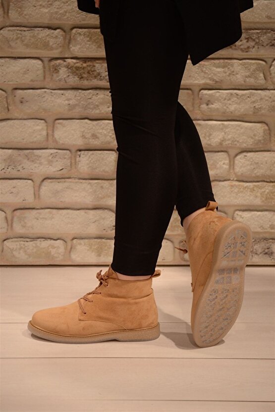 Kadın Camel Süet Bağlı Haşpapi Düz Taban Bot&bootie