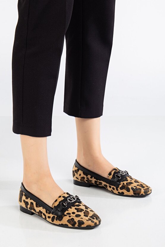 Leopar Desen Tokalı Kadın Loafer Ayakkabı