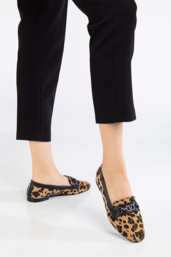 Leopar Desen Tokalı Kadın Loafer Ayakkabı