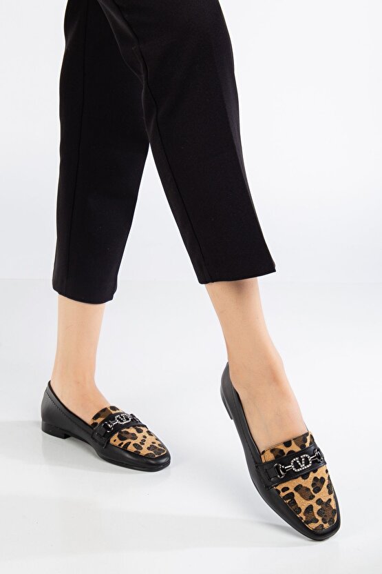 Leopar Desen Tokalı Kadın Loafer Ayakkabı