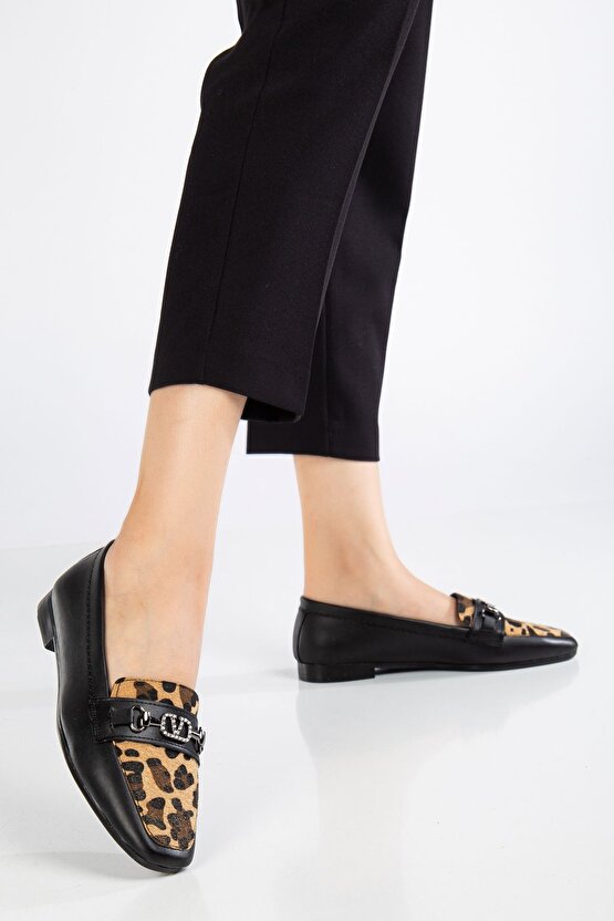Leopar Desen Tokalı Kadın Loafer Ayakkabı