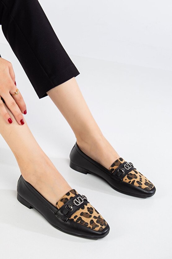 Leopar Desen Tokalı Kadın Loafer Ayakkabı