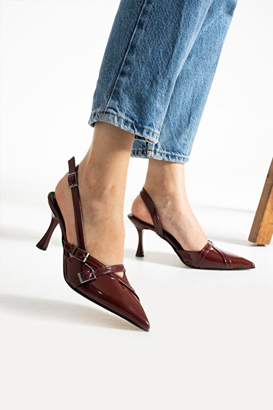 Harmin Shoes Çift Bantlı Toka Detaylı Bordo Rugan Kadın Topuklu Ayakkabı Nope