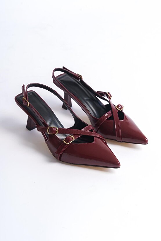 Cherry Red Bordo Rugan Sivri Burun Tokalı Topuklu Ayakkabı Stiletto