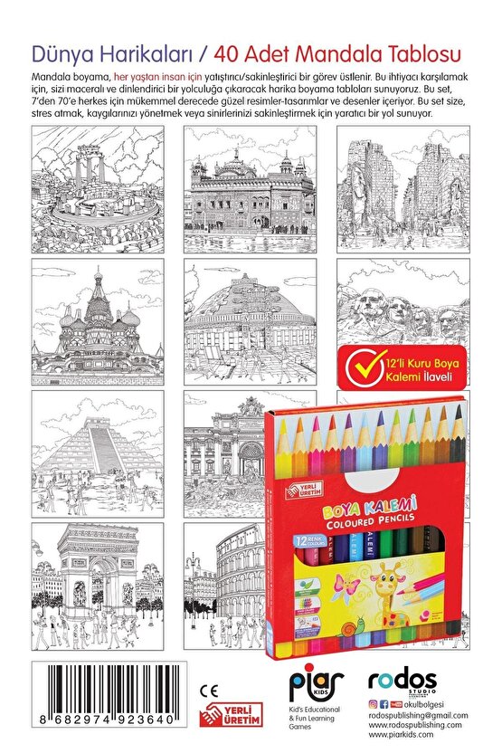Mandala, Dünya Harikaları  7Den 70E Herkes Için  12Li Kuru Boya Kalemi Ilaveli