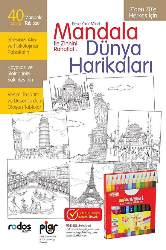 Mandala, Dünya Harikaları  7Den 70E Herkes Için  12Li Kuru Boya Kalemi Ilaveli