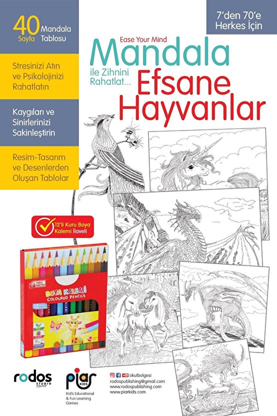 Mandala, Efsane Hayvanlar  7Den 70E Herkes Için  12Li Kuru Boyama Kalemi Ilaveli