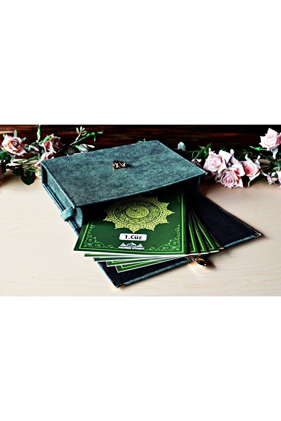 Hatim Cüzü Hatim Seti 30 Cüz Cami Boy 35x25 Yeşil Nubuk Çantalı Kadife Kuranı Kerim Sesli Dinleme