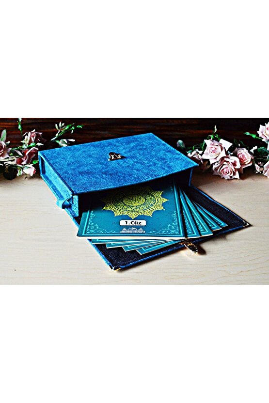 Hatim Cüzü Hatim Seti 30 Cüz Cami Boy 35x25 Mavi Nubuk Çantalı Kadife Kuranı Kerim Sesli Dinleme