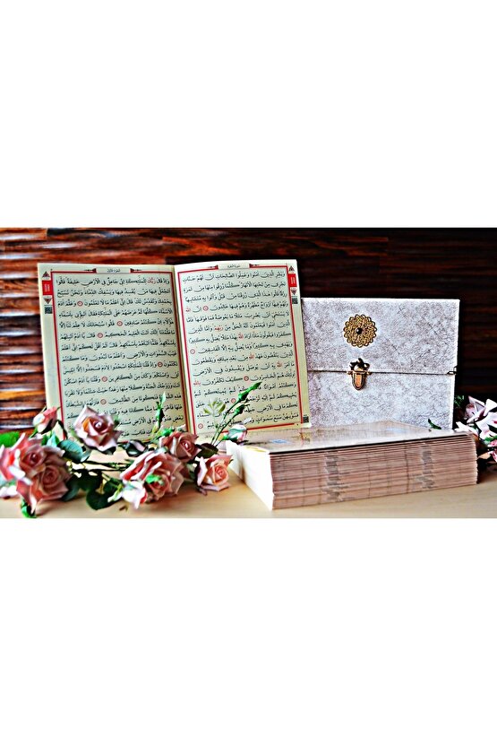 Hatim Cüzü Hatim Seti 30 Cüz Cami Boy 35x25 Krem Nubuk Çantalı Kadife Kuranı Kerim Sesli Dinleme