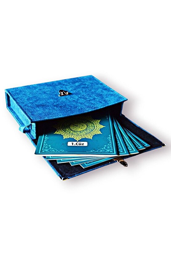 30 Cüz Nubuk Kaplama Özel Taşıma Çantalı Cami Boy Kuranı Kerim (3.415 GR 25X37X7 CM)-mavi