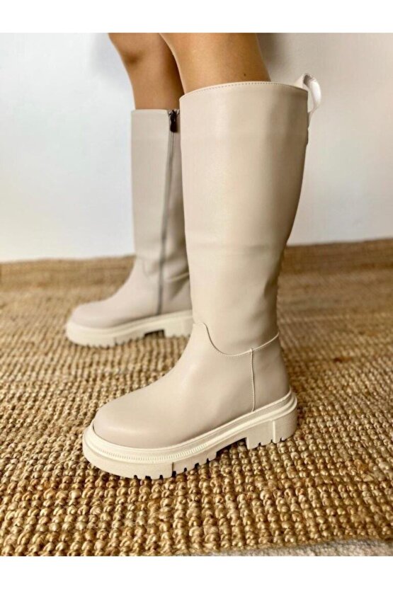 Trantashoes Kadın Siena Kalın Taban Diz Altı Krem Çekme Çizme