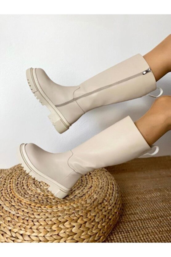 Trantashoes Kadın Siena Kalın Taban Diz Altı Krem Çekme Çizme