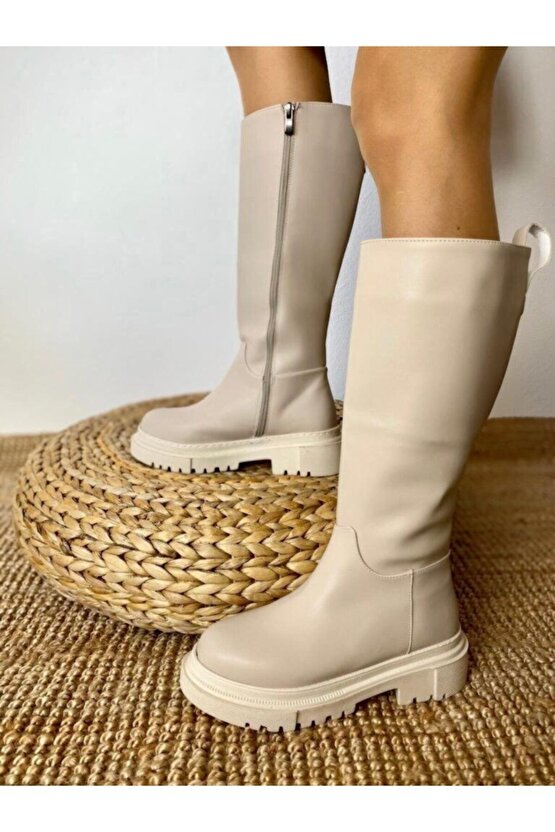 Trantashoes Kadın Siena Kalın Taban Diz Altı Krem Çekme Çizme