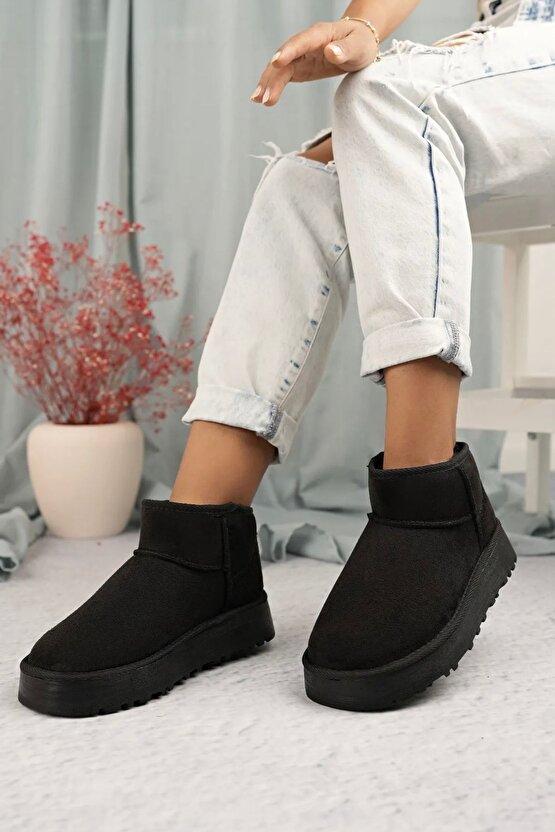 Bot & Bootie Ultra Mini Süet Siyah Bot Içi Tüylü  Kürklü Kadın Ayakkabı Bot