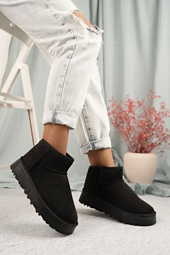 Bot & Bootie Ultra Mini Süet Siyah Bot Içi Tüylü  Kürklü Kadın Ayakkabı Bot