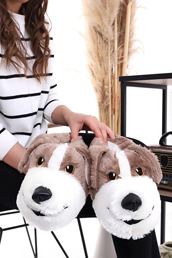 Köpek Figürlü Peluş Yumuşacık Kaymaz Ve Ses Yapmaz Tabanlı Siyah Kışlık Ev Pandufu