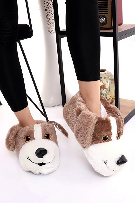 Köpek Figürlü Peluş Yumuşacık Kaymaz Ve Ses Yapmaz Tabanlı Siyah Kışlık Ev Pandufu