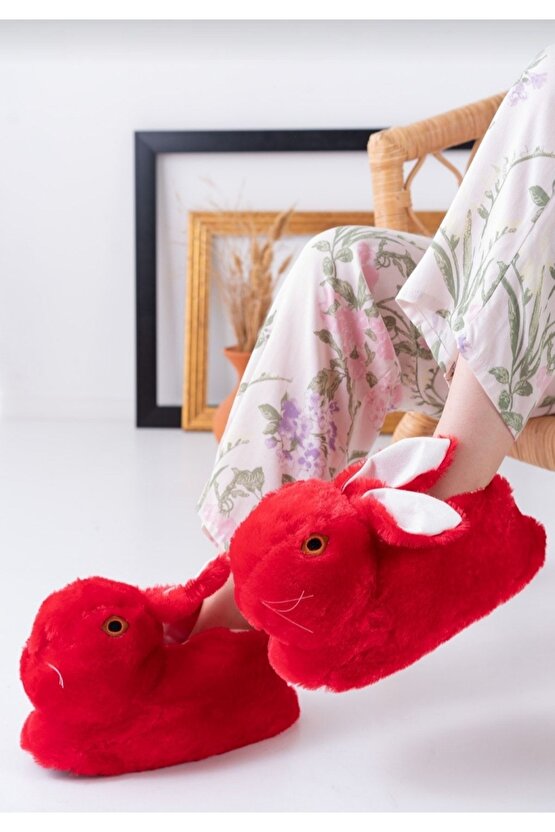 Peluş Kadın Kırmızı Tavşanlı Panduf Ev Içi Bot
