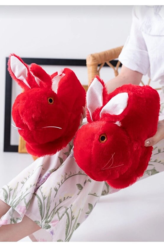 Peluş Kadın Kırmızı Tavşanlı Panduf Ev Içi Bot