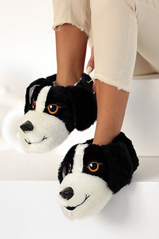 Unisex Siyah Köpekli Hayvanlı Panduf Ev Ayakkabısı
