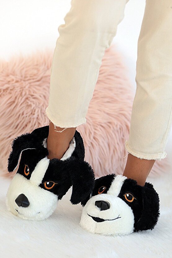 Unisex Siyah Köpekli Hayvanlı Panduf Ev Ayakkabısı