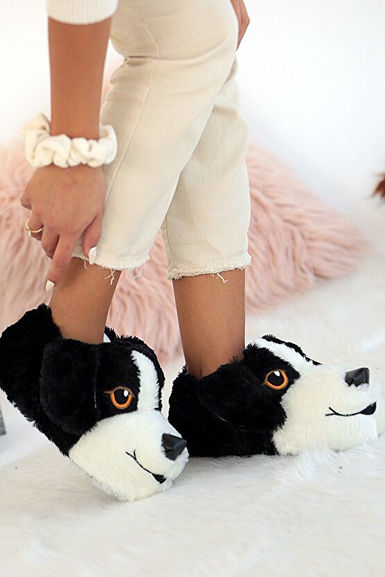 Unisex Siyah Köpekli Hayvanlı Panduf Ev Ayakkabısı