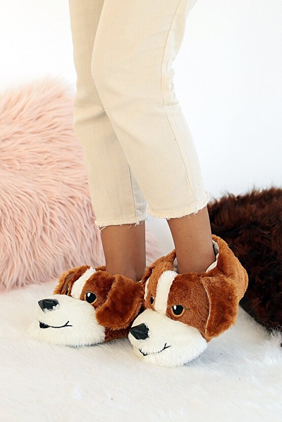 Unisex Kahve Köpekli Hayvanlı Panduf Ev Ayakkabısı