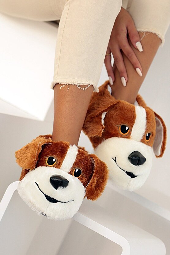 Unisex Kahve Köpekli Hayvanlı Panduf Ev Ayakkabısı