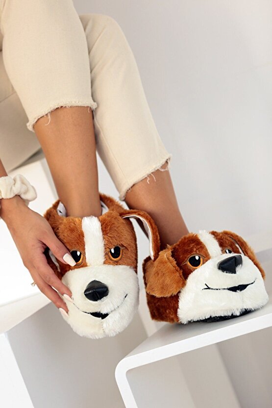 Unisex Kahve Köpekli Hayvanlı Panduf Ev Ayakkabısı