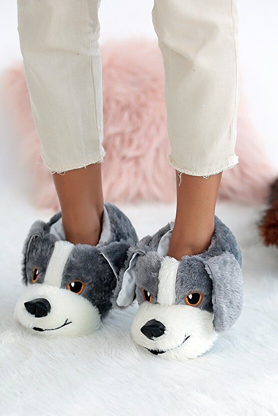 Unisex Gri Köpekli Hayvanlı Panduf Ev Ayakkabısı