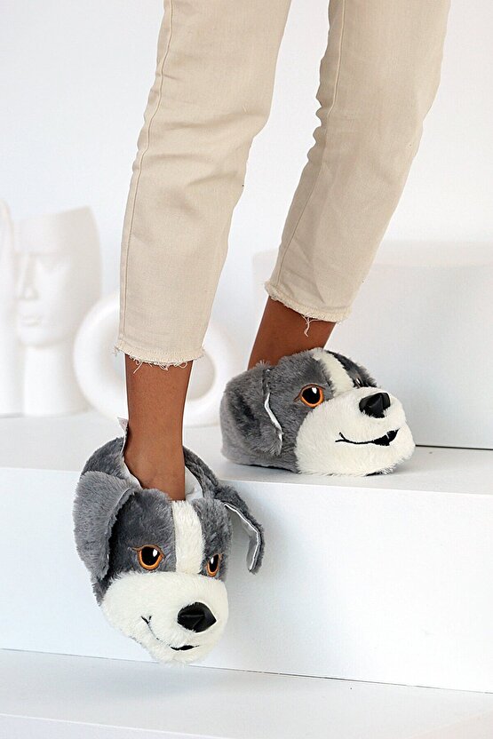 Unisex Gri Köpekli Hayvanlı Panduf Ev Ayakkabısı
