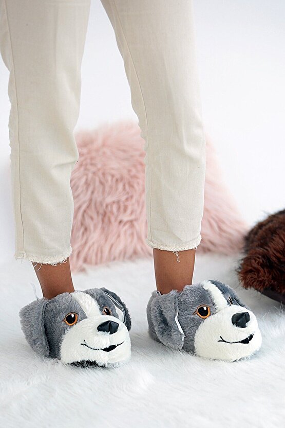 Unisex Gri Köpekli Hayvanlı Panduf Ev Ayakkabısı