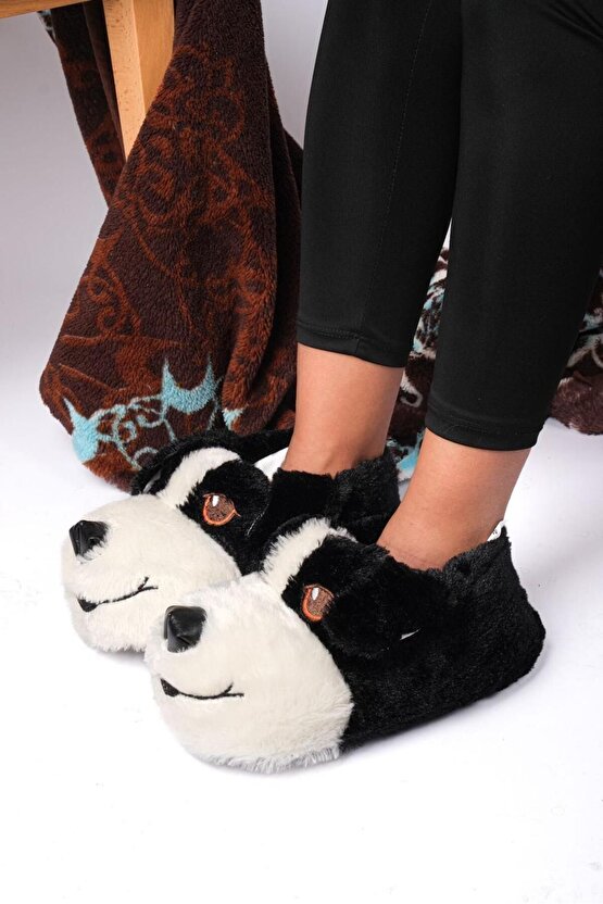 Unisex Siyah Tüylü Köpek Figürlü Kaymaz Taban Pofuduk Peluş Patik  Ev Botu Rahat Panduf
