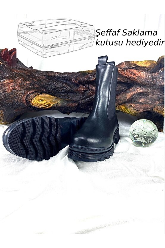 Kadın Deri Kalın Yandan Lastikli Taban Lastikli Postal Bot Günlük Kullanım Ortopedik Şık Kadın Botu