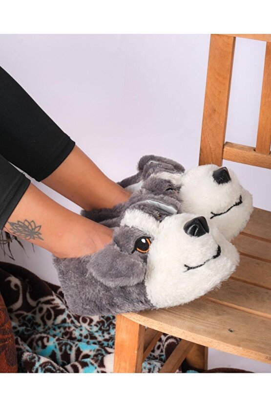Unisex Füme Tüylü Köpek Figürlü Kaymaz Taban Pofuduk Peluş Patik  Ev Botu Rahat Panduf