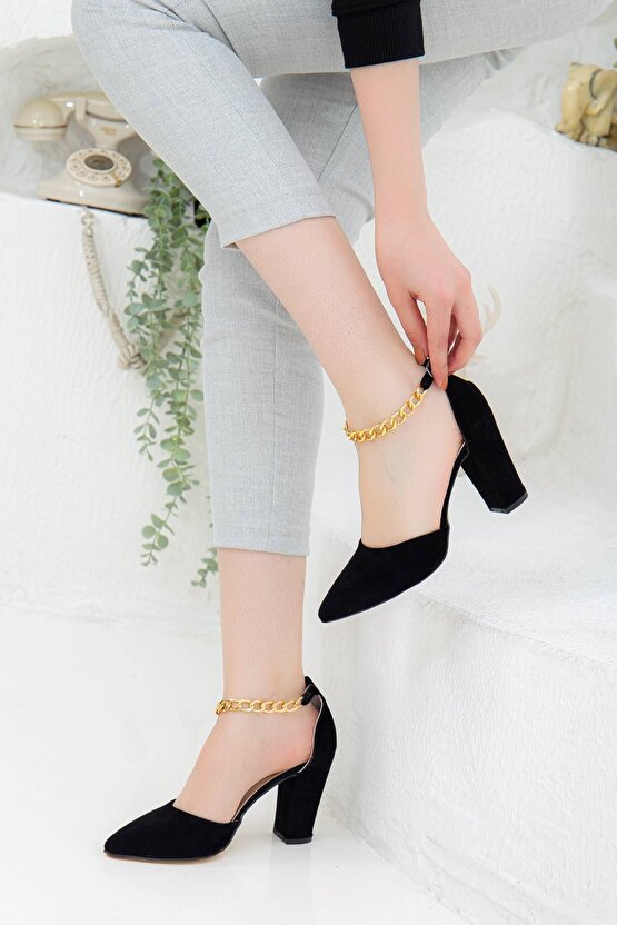 Zincirli Stiletto Siyah Süet