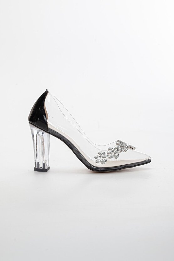 Kadın Kalın Yüksek Şeffaf Topuklu Taşlı Siyah stiletto
