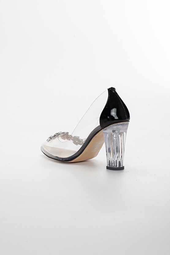 Kadın Kalın Yüksek Şeffaf Topuklu Taşlı Siyah stiletto